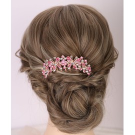 Chargances Bridal Butterfly Rhinestone French Hair Comb Sparkly Flower Crystal Inlaid Hair Combs with Long Teeth Wedding Hair Accessories for Women (Pink)