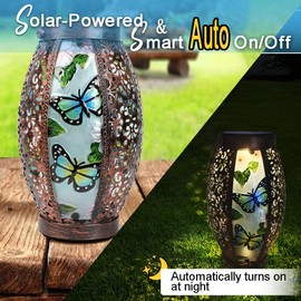TEYIGARDEN 2PCS Butterfly Solar Lanterns Glass & Metal Hanging Light Outdoor Waterproof 16" H Tabletop Lamp with Hollowed-Out Design with Shepherd's Hooks for Garden Patio Table Decor