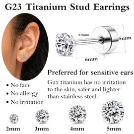 CASSIECA 4 Pairs G23 Titanium Stud Earrings for Women Girls Silver Earrings Set Cubic Zirconia Mens Earrings Cartilage Earrings Hypoallergenic for Sensitive Ears 2/3/4/5mm