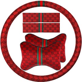 KANYO-AUTO Steering Wheel Cover for Women with 2 Car Headrest Pillow and 2 Seat Belt Cushions Shoulder Pads Universal fit 14 1/2"-15" Steering Wheel (Red)
