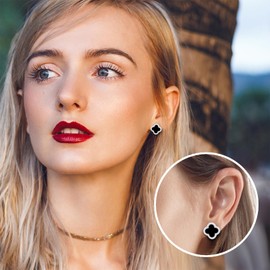 Forever Love Clover Earrings Silver 925 Earrings Women's Stud Earrings Rose Gold Stud Earrings Women's Black Four Leaf Clover Jewellery with Mini Zircon Dupes Jewellery Gift for Women, Silver