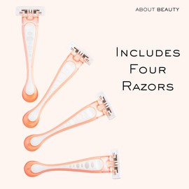 About Beauty Spa Shave 3 Blade Disposable Razors, Includes 4 Disposable Razors, Skin-Soothing Coconut Oil Moisture Pad Gently Glides Along Skin, Ergonomic Cushion Grip Handle