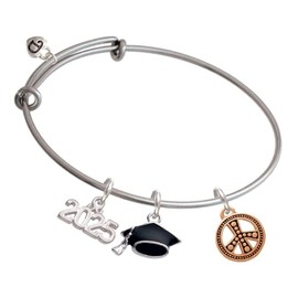 Delight Jewelry Rose Goldtone Beaded Peace Sign - Silvertone Class of 2025 Graduation Charm Bangle Bracelet