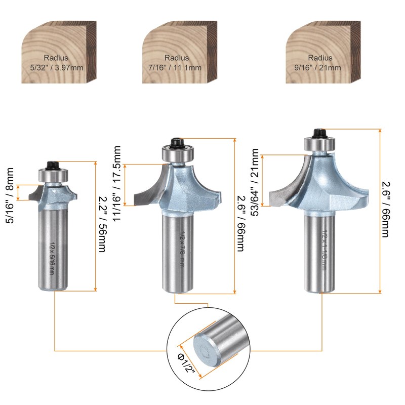sourcing map Roundover Router Bit Set 1/2 Shank 5/32" 7/16"