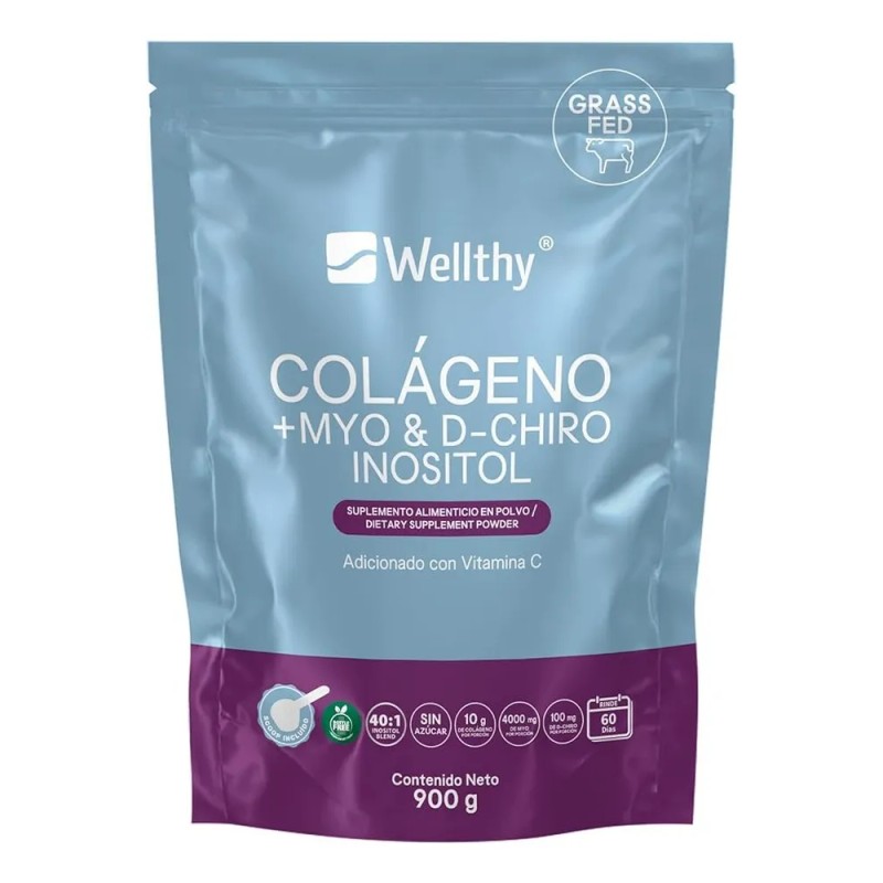 Wellthy Colageno Hidrolizado, Myo & D-chiro Inositol 900g. Sabor Sin