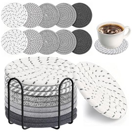 SYNMORE 10PCS Portavasos de Bebida de Cuerda de Algodón Trenzada de Antideslizantes con Soporte,Posavasos Resistente al Calor para Tazas, Cocina, Restaurante y Cafetería