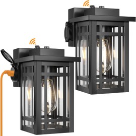 2-Pack Outdoor Porch Lights with Outlet,Dusk to Dawn Motion Modern Outdoor Wall Lights Exterior Lighting Fixtures Waterproof, Black Outside Light for House Patio Garage Hallway