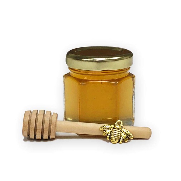 2 oz Honey Wedding, Party, Event Favors with 3" wood honey dipper and gold bee charm (no label or ribbon perfect for DIY bride, baby shower, promotional gift) (Gold Lid - Gold Bee Charm, Set of 50)