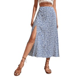 SweatyRocks Ditsy Falda midi de cintura alta con estampado floral para mujer, azul (Floral Blue), S
