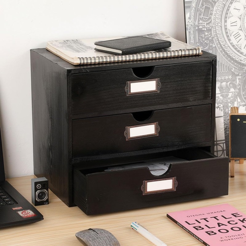 PACKGILO Wooden Storage Box Rustic Desktop Organizer with 3 Drawers
