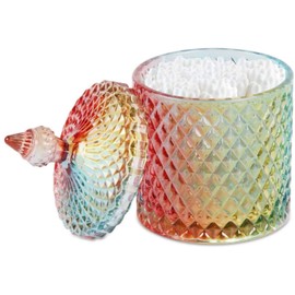CLOVERHOME Colorful Home Decorative Jar  Qtips Holder Dispenser Glass Storage Container Bathroom Counter Vanity Organizer for Bath Salts/Swabs/Rounds Makeup Sponges Toothpick Jewelry(Rainbow, 10 oz)