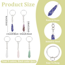 CRAFTYMELODY 5 Color Crystal Stone Keychain 10Pcs Hexagonal Quartz Pendants Purse Charms Key Chain Pendant for Handbag Wallet Backpack Bag Charms Car Keychain Accessory Decoration Gift Idea for Women