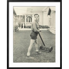 ART.COM Wall Photo Suspicious Man with a Push Reel Lawn Mower on Black Frame, 23" x 29"