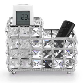 Hipiwe Crystal Remote Control & Makeup Brush Organizer - 2-Slot Silver Tabletop Pen & Pencil Storage Holder for Office & Bathroom