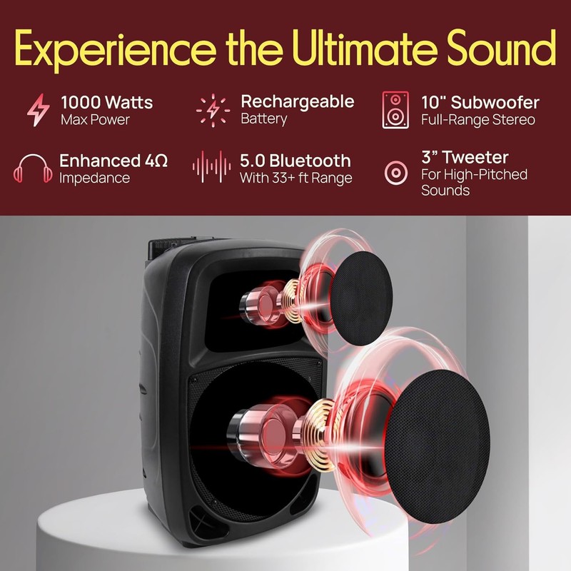 Pyle PSBT105A - 1000W Portable Bluetooth PA Speaker, 10'' Subwoofer,