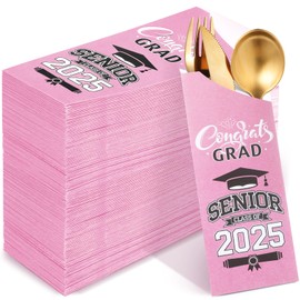 Ireer 100 Pcs Graduation Paper Silverware Bags Class of 2025 Utensil Cutlery Holders Knife Forks Flatware Pouch Graduation Party Supplies for College Senior Grad Congrats School Party Decoration