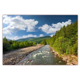 XXL Poster 100 x 70 cm (F-214) Mountain Landscape with Streaming River Banks Lined with Trees and Blue Sky with Bright White Clouds