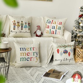 Artoid Mode Falala Nutcrackers Bells Merry Christmas Cushion Covers Set of 4, 50x50 cm Xmas Winter Decorative Pillow Case Cover Sofa Living Room Decor