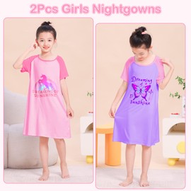 Play Tailor 2Pcs Girls Nightgowns Kids Pajamas Princess Nightgown Dress Sleepwear for Toddler Little Girls, Pink/Purple, 6-7 Y