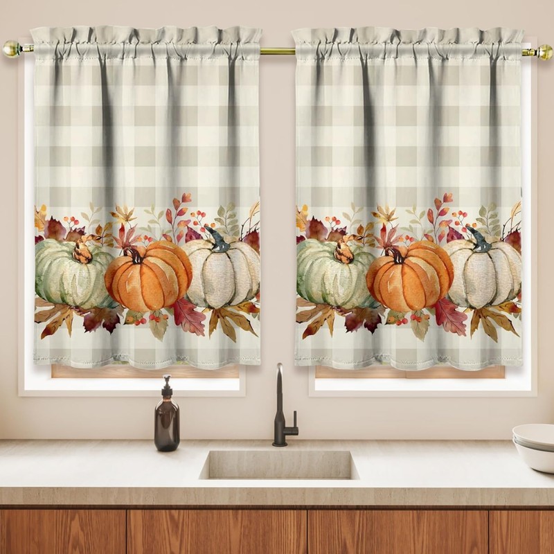Fall Thanksgiving Kitchen Curtains Valances and Tiers 3 Piece Set,Orange,White,Green,Pumpkin