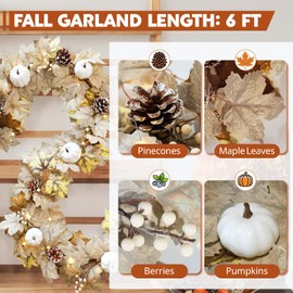 Fall Garland with Lights, 6Ft Fall Maple Leaf Pumpkins Berry Pine Cone Garland Fall Decorations for Home Thanksgiving Autumn Harvest Mantel Porch Table Door Decor, White