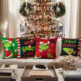 Ohok Set of 4 Decorative Cushion Covers, Polyester Linen Decorative Cushion Covers, Christmas Cushion Covers, Decorative Cushion Cover Set for Bedroom, Living Room, Sofa, Couch, Car (40 x 40 cm, HO HO