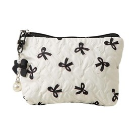 RUIXIAOXI Coquette Floral Bow Makeup Bag, Quilted Bow Cosmetic Bag Small Travel Aesthetic Pleated Make up Bag Cute Toiletry Bag for Women Girls, White, Fashion