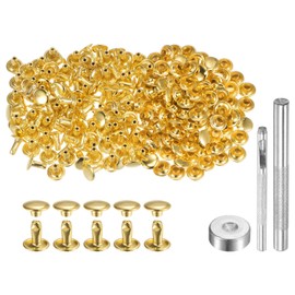 HARFINGTON 200 Sets Leather Rivets 8 x 8mm Metal Double Cap Rivet Snaps Studs Fasteners with 3pcs Setting Tools Rivets for Leather Craft DIY Repair Decoration, Gold Tone