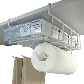 Wrap Holder & Kitchen Paper Holder (One Hand Cut) & Dish Towel, White, No Drilling, No Screws, Made in Japan