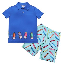 IMEKIS Back to School Outfits for Boy: First Day of Kindergarten Apple Shirt Top with Shorts Matching Sets Toddler Kids Preschool 1st Grade Picture Day Clothes Dark Blue Pencil 4-5T
