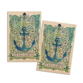 Block Island, Rhode Island, Watercolor, Nautical Art (4x6 Birch Wood Postcards, 2-Pack Stationary, Rustic Home Wall Decor)