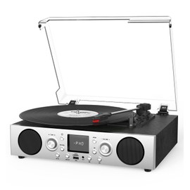 VinylsLink Record Player with Built-in Speakers, Belt-Driven Turntable Support 3-Speed, FM Radio and Bluetooth Receiving, RCA Line Out & AUX in, USB Recording and Auto Stop, Silver Black