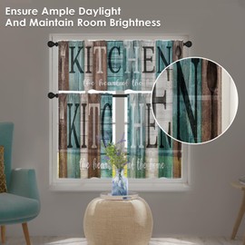 Tayney Teal and Brown Kitchen Window Curtains Valance and Tier Set 36 Inch, Rustic Farmhouse Turquoise Rod Pocket Short Tier Curtain for Bathroom, Wooden Home Small Cafe Drapes for Kitchen Decor