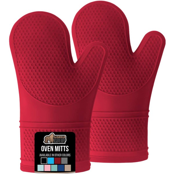 Gorilla Grip Heat and Slip Resistant Silicone Oven Mitts Set, Soft Cotton Lining, Waterproof, BPA-Free, Long Flexible Thick Gloves for Cooking, BBQ, Kitchen Mitt Potholders, 12.5 in, Red