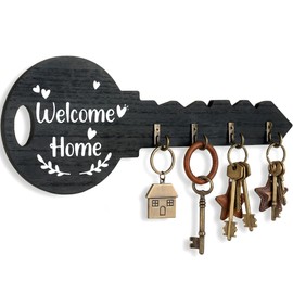 FujDun Wooden Key Holder Wall Mount with 4 Hooks, Black Decorative Key Rack Wall Mount for Entryway, Front Door, Hallway, Kitchen, Office, Home Decor (11.61 x 4.72 inch)