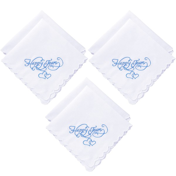 Embroidered Wedding Handkerchiefs Happy Tears Wedding Handkerchiefs with Scallop Lace Edges for Wedding Day Bride (6 Pieces) White, Blue
