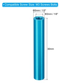 PATIKIL 12pcs M3 Metal Threaded Standoff Spacer Nuts, Round Aluminum Spacers Female Coupling Screws, 1/8" ID x 3/16" OD, Blue, (30mm L)
