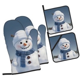 Cute Snowman Parrern Print Oven Mitts and Pot Holders 4pcs Set, Oven Glove Heat Resistant Potholder