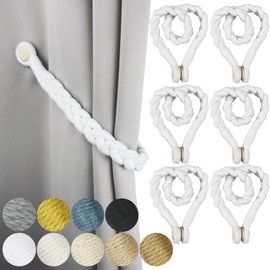 Porlau 6 Pack Magnetic Soft Curtain Tiebacks Cotton Hand-Woven Tieback Holdback Home Decorative Tie Backs with Wooden Buckle for Home Office Decor (White, 6)