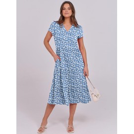 ANRABESS Women's Summer Casual Short Sleeve V Neck Midi Dresses 2025 Spring Flowy A-line Tiered T Shirts Boho Beach Dress Floral Blue Medium