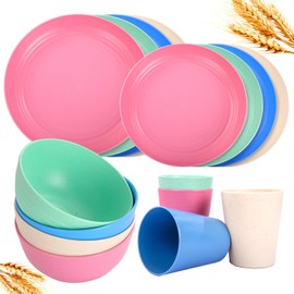 Rubtlamp Wheat Straw Plates and Bowls sets, Reusable Plastic Plate Set for 4, Kitchen Wheat Straw Dinnerware Sets (Spring Four Colors) Include Dinner Plates, Dessert Plates, Cereal Bowls, Cups
