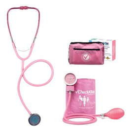 Kit Baumanómetro Aneroide Checkatek con Estetoscopio Transparente, Medidor de Presión Arterial Manual para Adulto, Tensiometro de Brazo con Brazal Ajustable, Equipo Médico Básico con Estuche (Rosa)