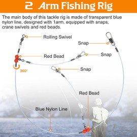 Fishing Leaders Rigs,12pcs Ser Fishing Leader Line Rig with Swivel Snaps Red Beads for Baits Lure and Hooks Saltwater Fishing Leader Wire Bottom Rig (2arm 24pack, Blue Nylon Wire)