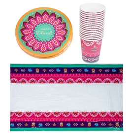 LUOZZY Disposable Paper Plate 90oz Paper Drinking Cups Tablecloth Set for Diwali Festival (7 Inch)