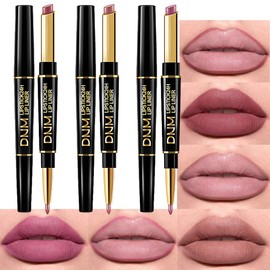 BINGBRUSH 2 IN 1 Lip Liner & Lipstick Makeup Set, Dark Red Matte Metallic Lipliner Set for Black Mature Women Waterproof Long Lasting Gift Set (3Pcs Set09-Matte:22#23#24#, 3Pcs)