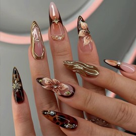 MERVF Long Stiletto Press on Nails Fake Nail Brown French Tip Almond Glue ons 3D Charms Flower Design Acrylic Gold Fall Manicure Leopard Art Glossy 24pcs
