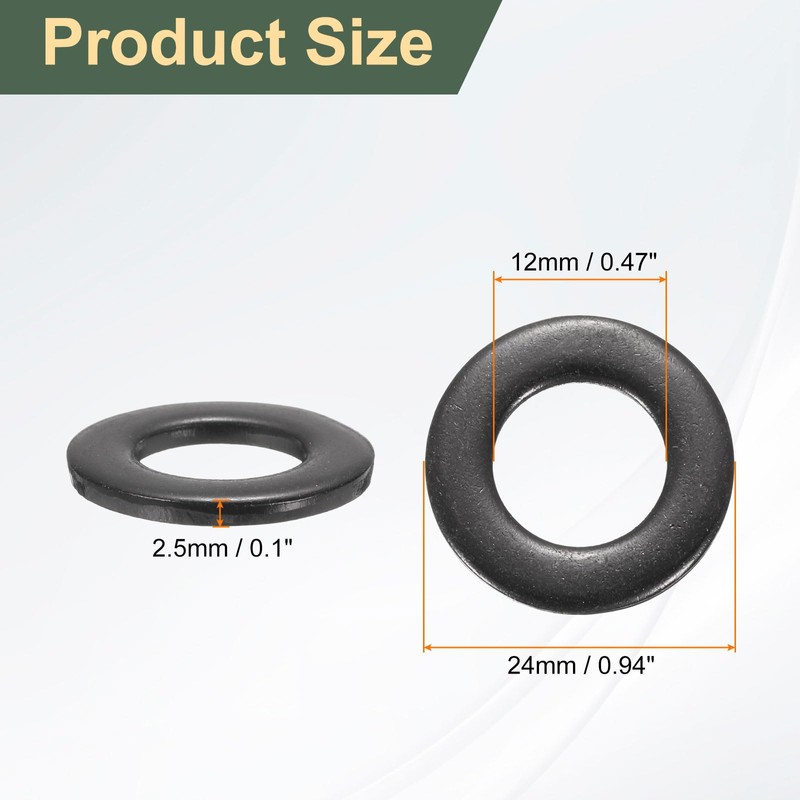 sourcing map 10 Pcs M12 Black Flat Washers, 24mm Outer