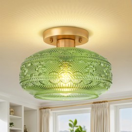 APOTO Semi Flush Mount Ceiling Light Fixture Green,Vintage Hallway Light Fixture Ceiling,Globe Glass Light Fixtures Ceiling Mount,Farmhouse Pendant Lamp for Kitchen Entryway Bathroom,Bulb Not Included