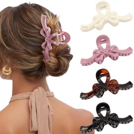 CUBACO 4 PCS Bow Hair Clips for Women Bow Claw Clip for Women Girls large Claw Clips for Thick Thin Hair Elegant Cute Hair Clip Strong Hold Styling Accessories (Pink,White,Black,Tea Coffee Color)