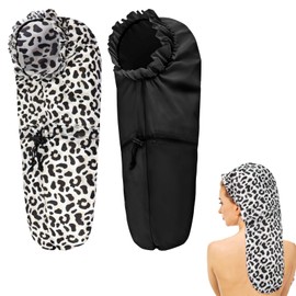 2 Pcs Large Shower Cap for Braids, Extra Long Shower Cap for Women Long Hair & Locs, Waterproof Hair Bonnets for Dreadlocks Drawstring Bath Caps for Women & Men (Black, Cow Print)